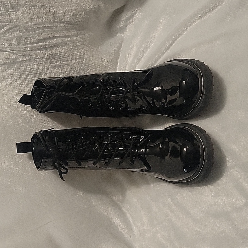 Wild Pair black patent zip and laceup combat boots. Women's size 11M